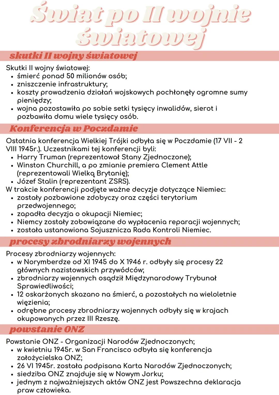 skutki II wojny światowej
Skutki II wojny światowej:
●
●
●
●
wojna pozostawiła po sobie setki tysięcy inwalidów, sierot i
pozbawiła domu wie