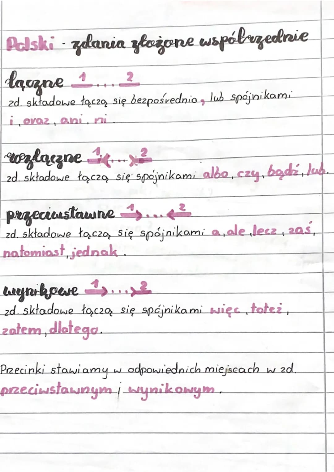 Polski - zdania złożone współrzednie
laczne 1
2
zd. składowe łączą się bezpośrednio, lub spójnikami
i, oraz, ani, ni.
wzłączne if...
zd. skł