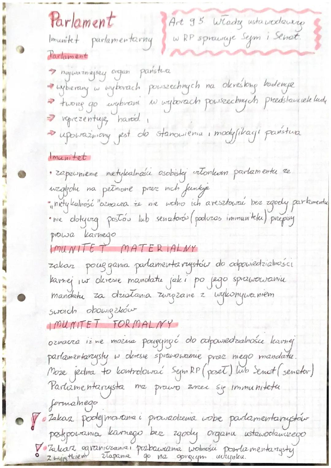 # Parlament

Imunitet parlamentarny

Art 95. Wrady usta wodawcro
WRP sprawaje Seym i Senot.

Parlament

→ najwazniejszy organ państwa

→ wyb