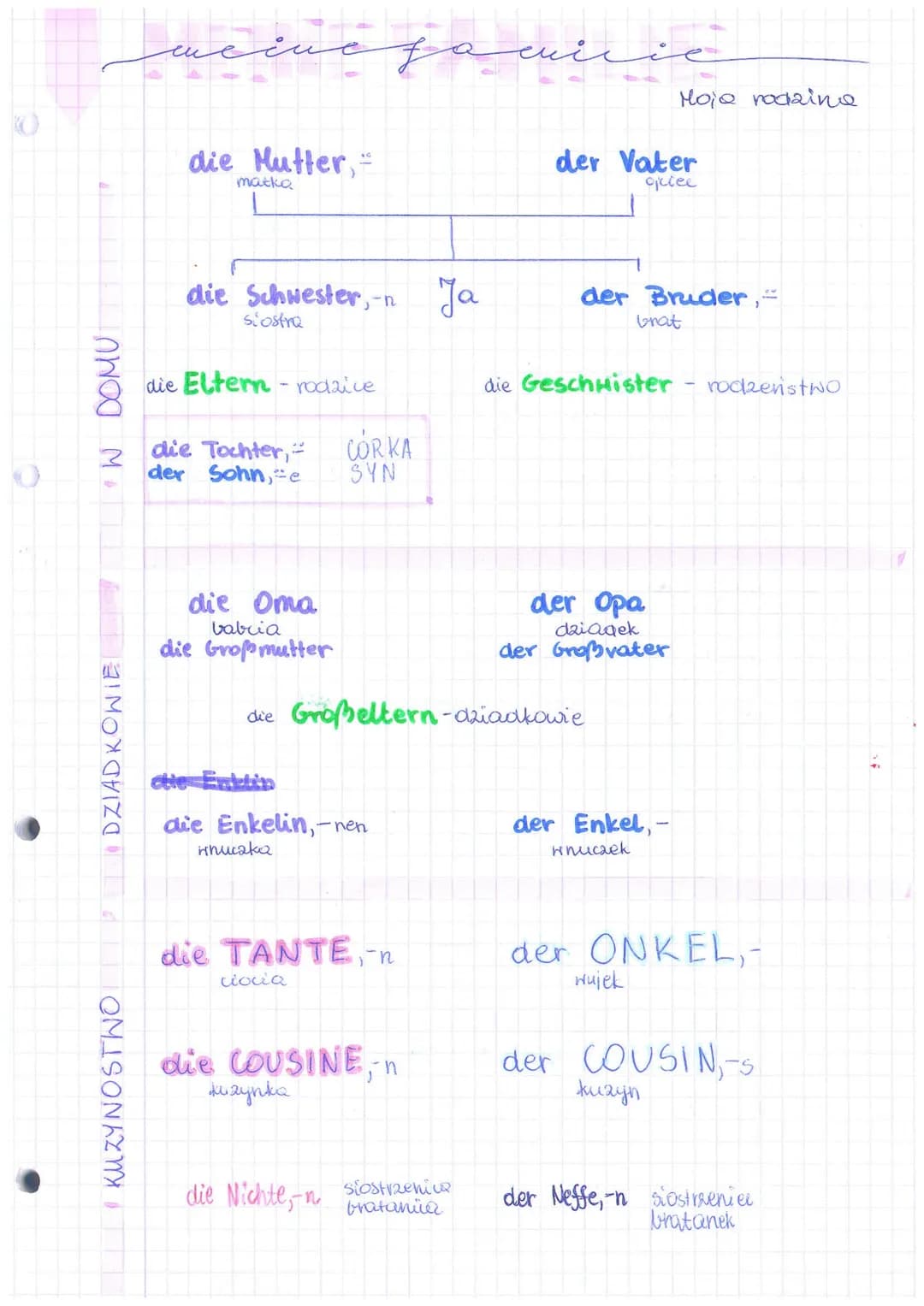 
<p>Meine Familie besteht aus verschiedenen Mitgliedern. Die Mutter ist die Frau, die mich geboren hat. Die Schwester ist das weibliche Gesc