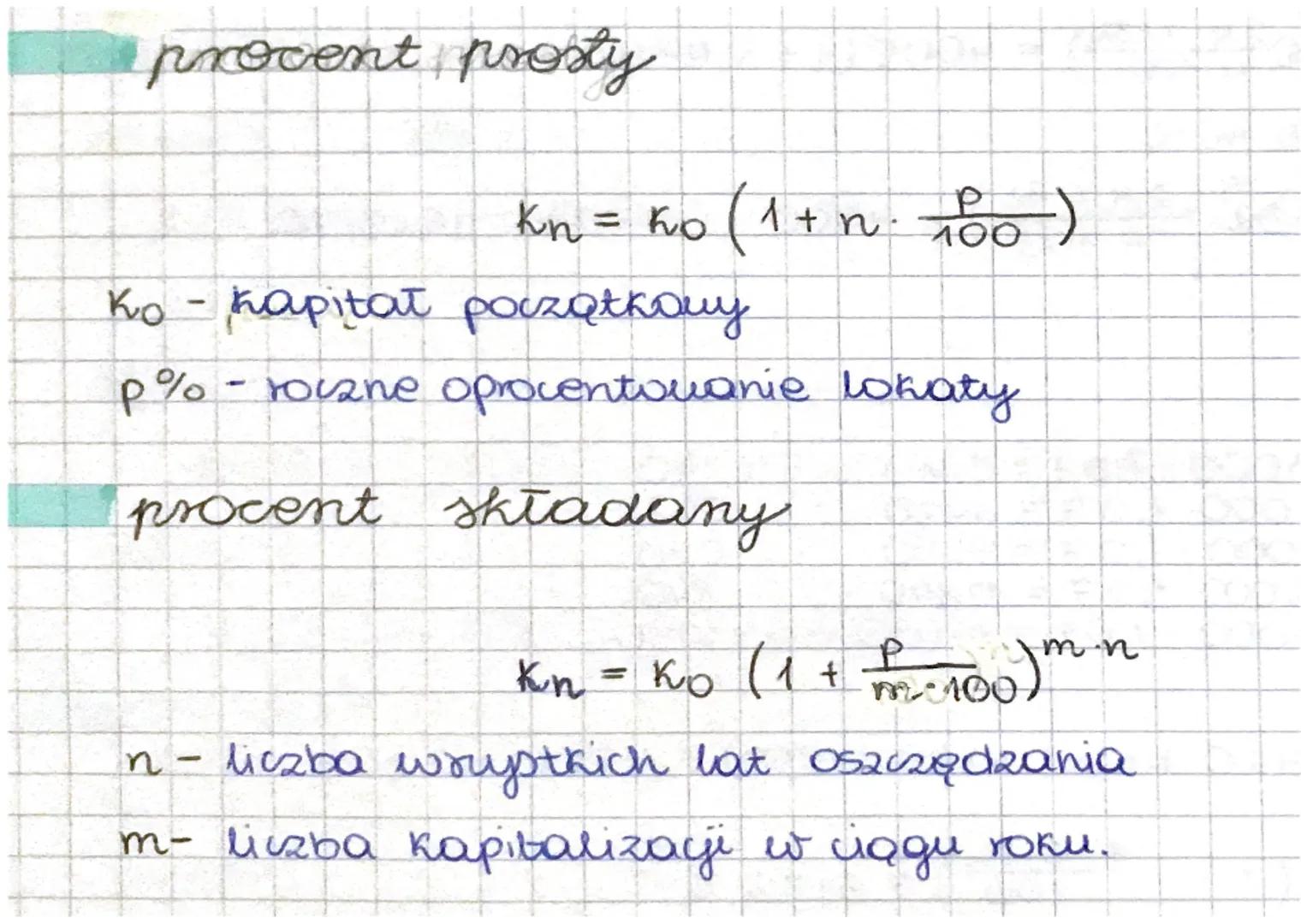 procent prosty
kn = ko (1 + n² 100 )
-
Ko kapitał początkowy
p% - rovane
procent składany
oprocentowanie lokaty
P
kn = ko (1 + √²-100)m n
In