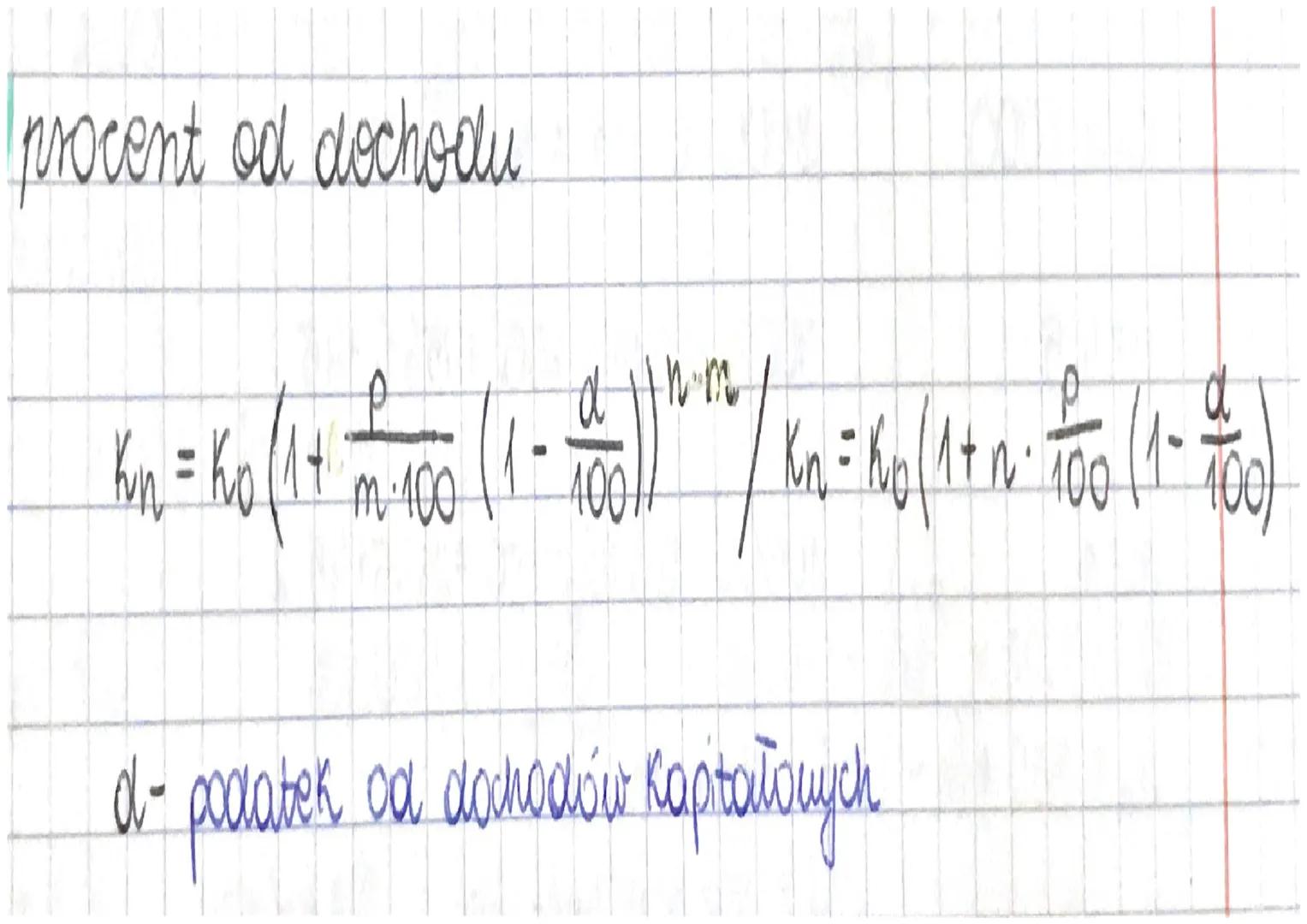 procent prosty
kn = ko (1 + n² 100 )
-
Ko kapitał początkowy
p% - rovane
procent składany
oprocentowanie lokaty
P
kn = ko (1 + √²-100)m n
In