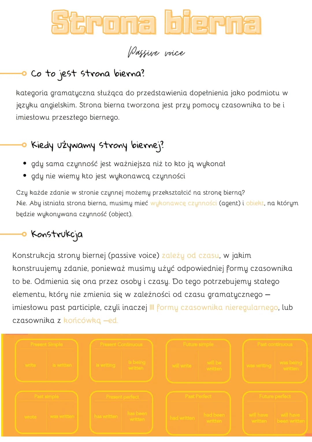 Co to jest strona bierna?
kategoria gramatyczna służąca do przedstawienia dopełnienia jako podmiotu w
języku angielskim. Strona bierna tworz