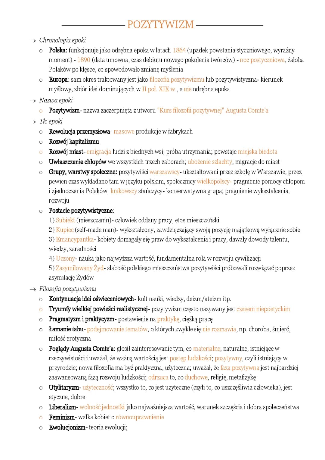 Pozytywizm- czas, nazwa, tło, filozofia, twórcy epoki pozytywizmu (język polski)