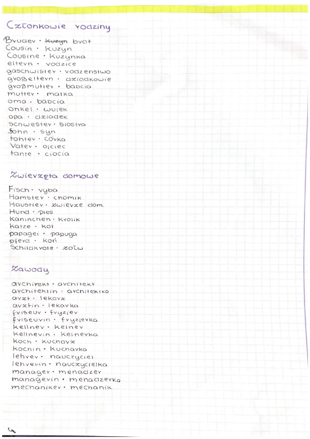 Członkowie rodziny
•
Brudev kuzyn byat
Cousin
kuzyn
Cousine - kuzynka
eltevn
Vodzice
gaschwister Vodzenstwo
großeltern. dziadkowie
.
großmut