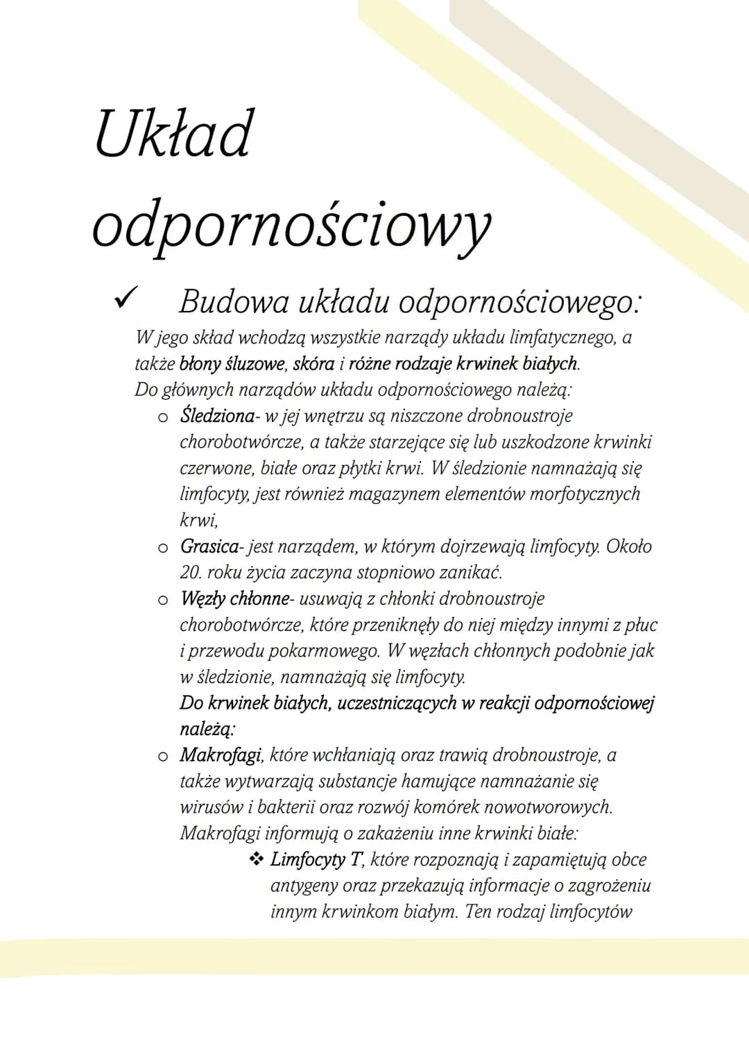 Układ
odpornościowy
Budowa układu odpornościowego:
W jego skład wchodzą wszystkie narządy układu limfatycznego, a
także błony śluzowe, skóra