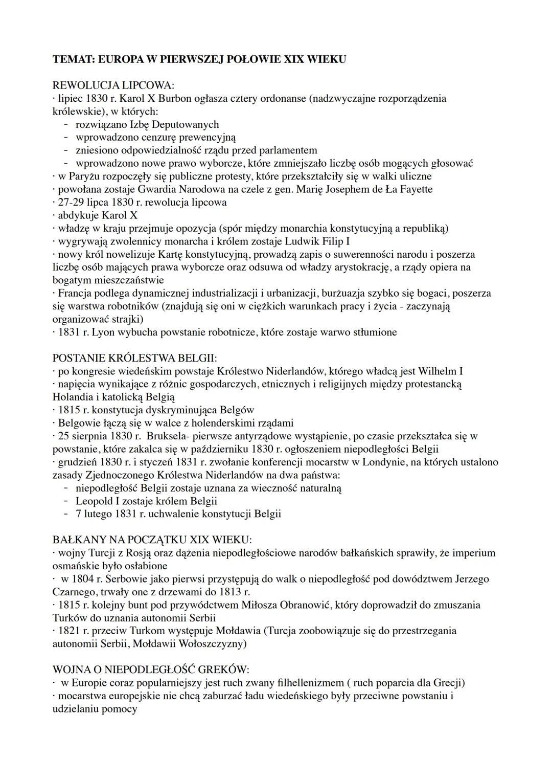TEMAT: EUROPA W PIERWSZEJ POŁOWIE XIX WIEKU
REWOLUCJA LIPCOWA:
lipiec 1830 r. Karol X Burbon ogłasza cztery ordonanse (nadzwyczajne rozporzą