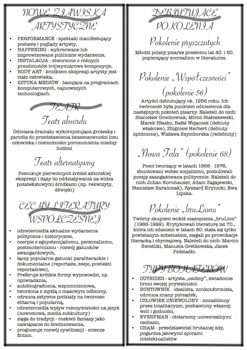 ●
●
●
●
WSPÓŁCZESNOŚĆ
Współczesnością nazywamy zjawiska które miały miejsce w życiu literackim po 1945 roku. Na jej
charakter wpłynął podzia