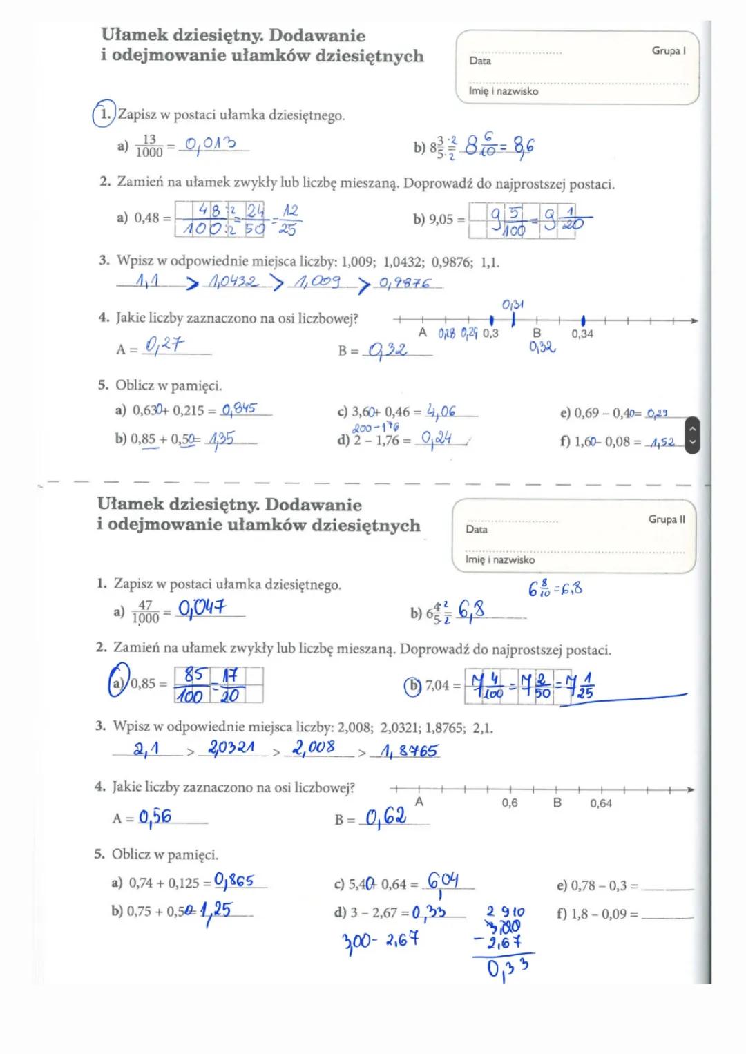 Dodawanie i Odejmowanie Ułamków Dziesiętnych - Karta Pracy i Sprawdzian Klasa 4 i 5 PDF