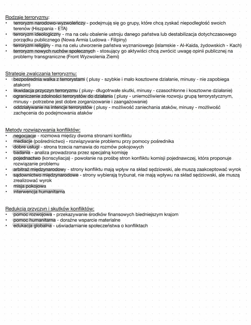 Konflikty + terroryzim
Konflikt międzynarodowy - toczy się między co najmniej dwoma uczestnikami stosunków.
międzynarodowych, dochodzi podcz