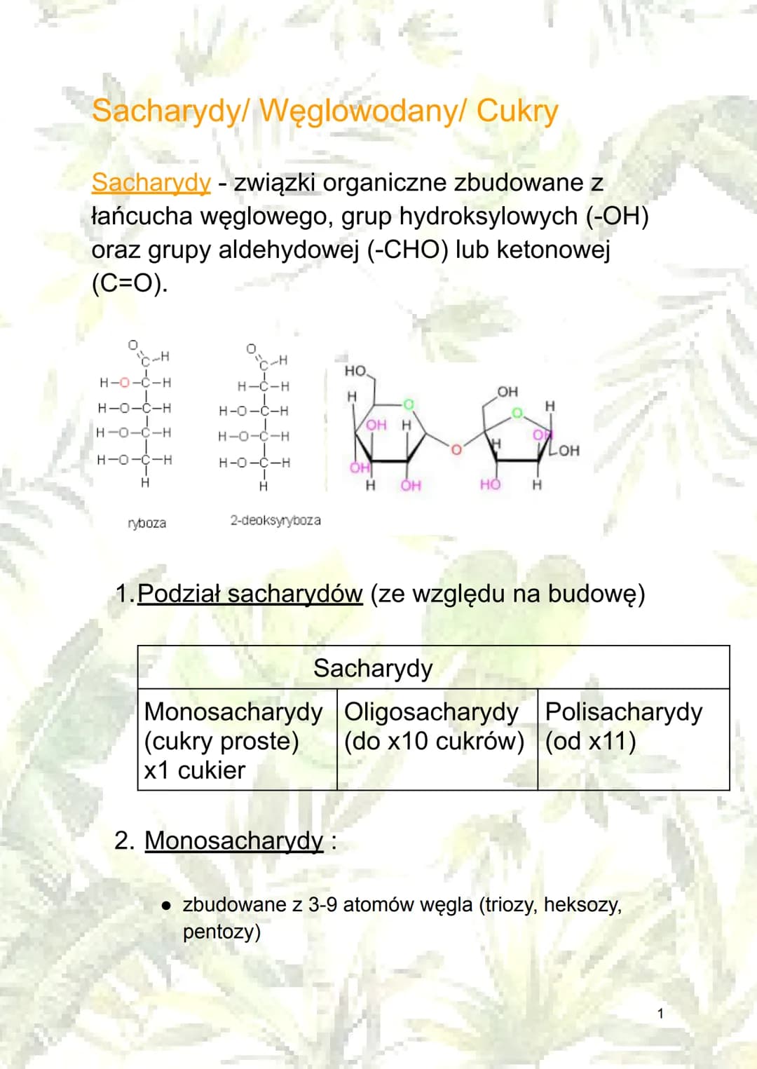 Sacharydy/ Węglowodany/ Cukry
Sacharydy - związki organiczne zbudowane z
łańcucha węglowego, grup hydroksylowych (-OH)
oraz grupy aldehydowe