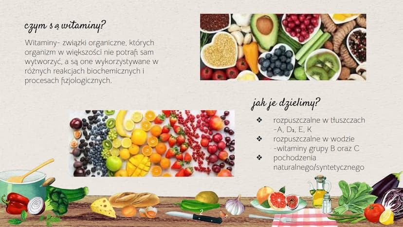 Rola witamin.
Nieorganiczne składniki
pokarmowe czym są witaminy?
Witaminy- związki organiczne, których
organizm w większości nie potrafi sa