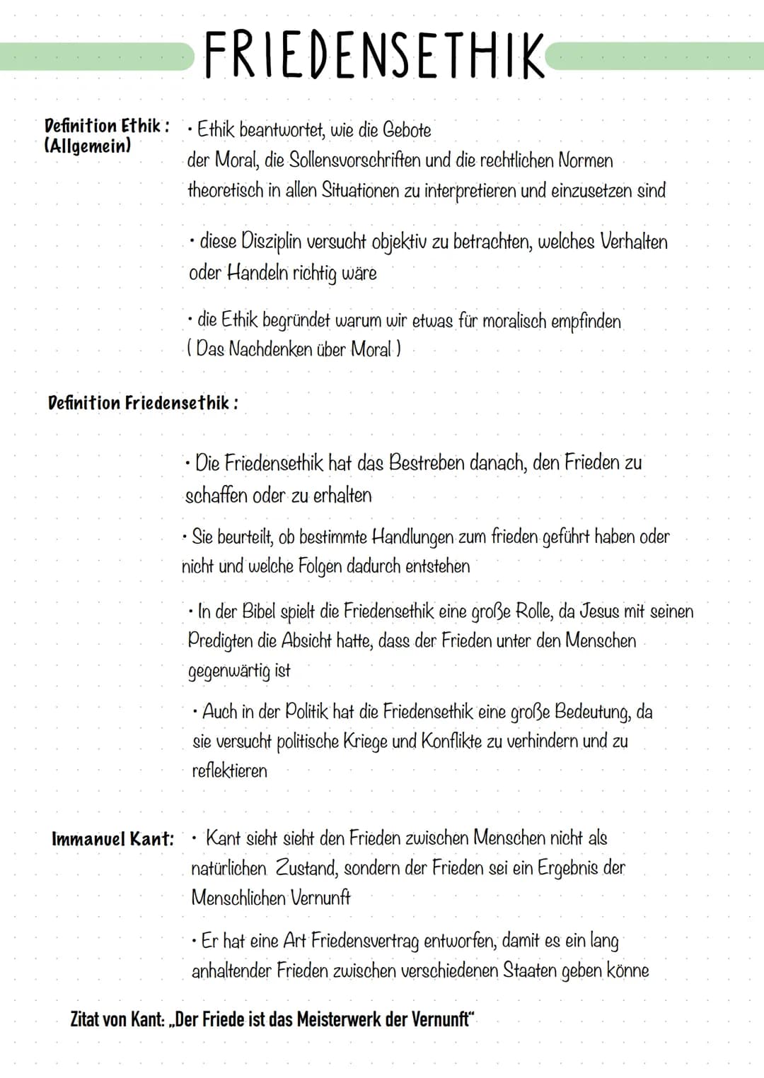# FRIEDENSETHIK

Definition Ethik:
(Allgemein)
*   Ethik beantwortet, wie die Gebote
der Moral, die Sollensvorschriften und die rechtlichen 