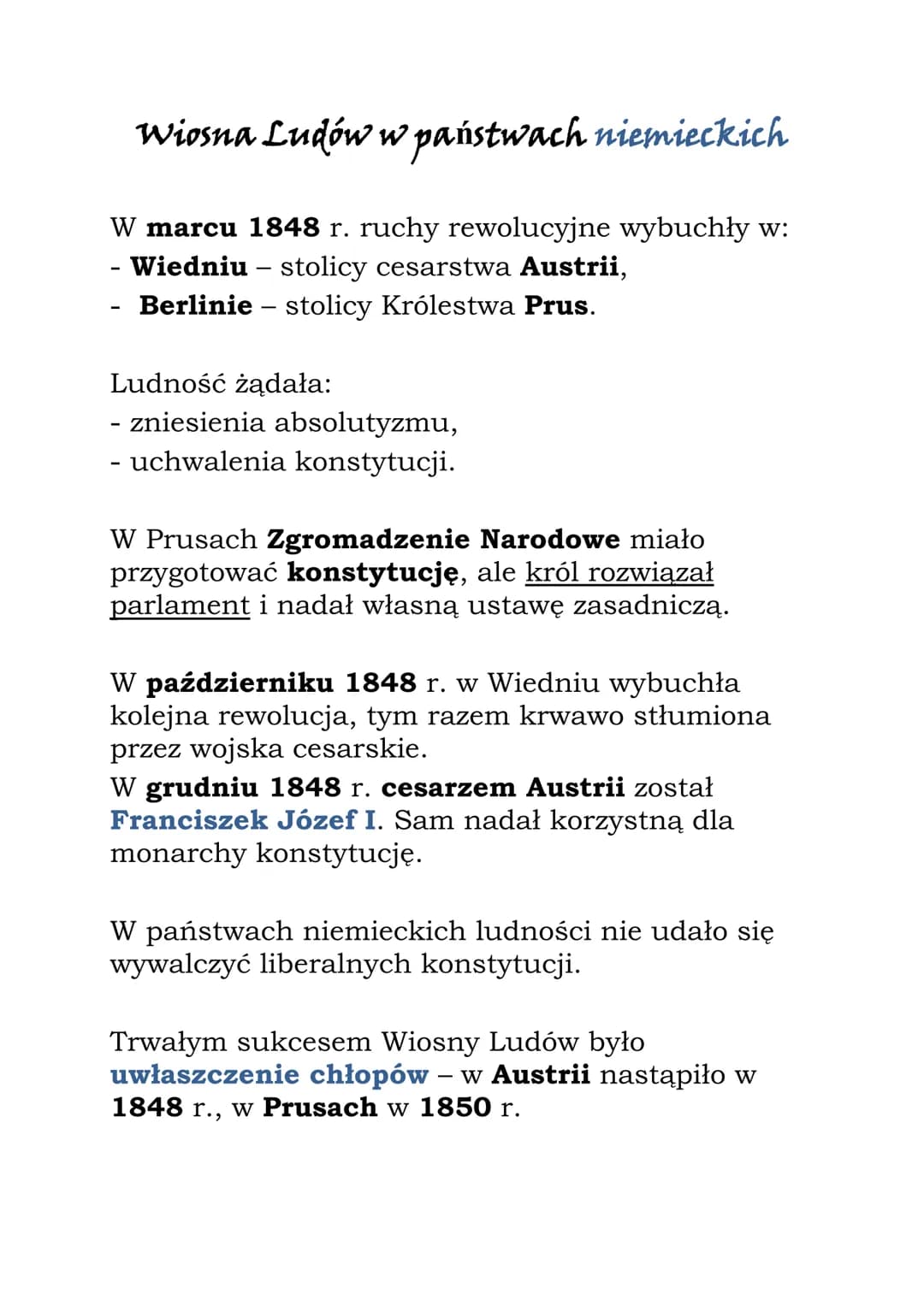 Europa w okresie Wiosny Ludów
Wiosna Ludów - fala rewolucji i powstań, która
ogarnęła Europę w latach 1848/49.
Przyczyny Wiosny Ludów:
- klę