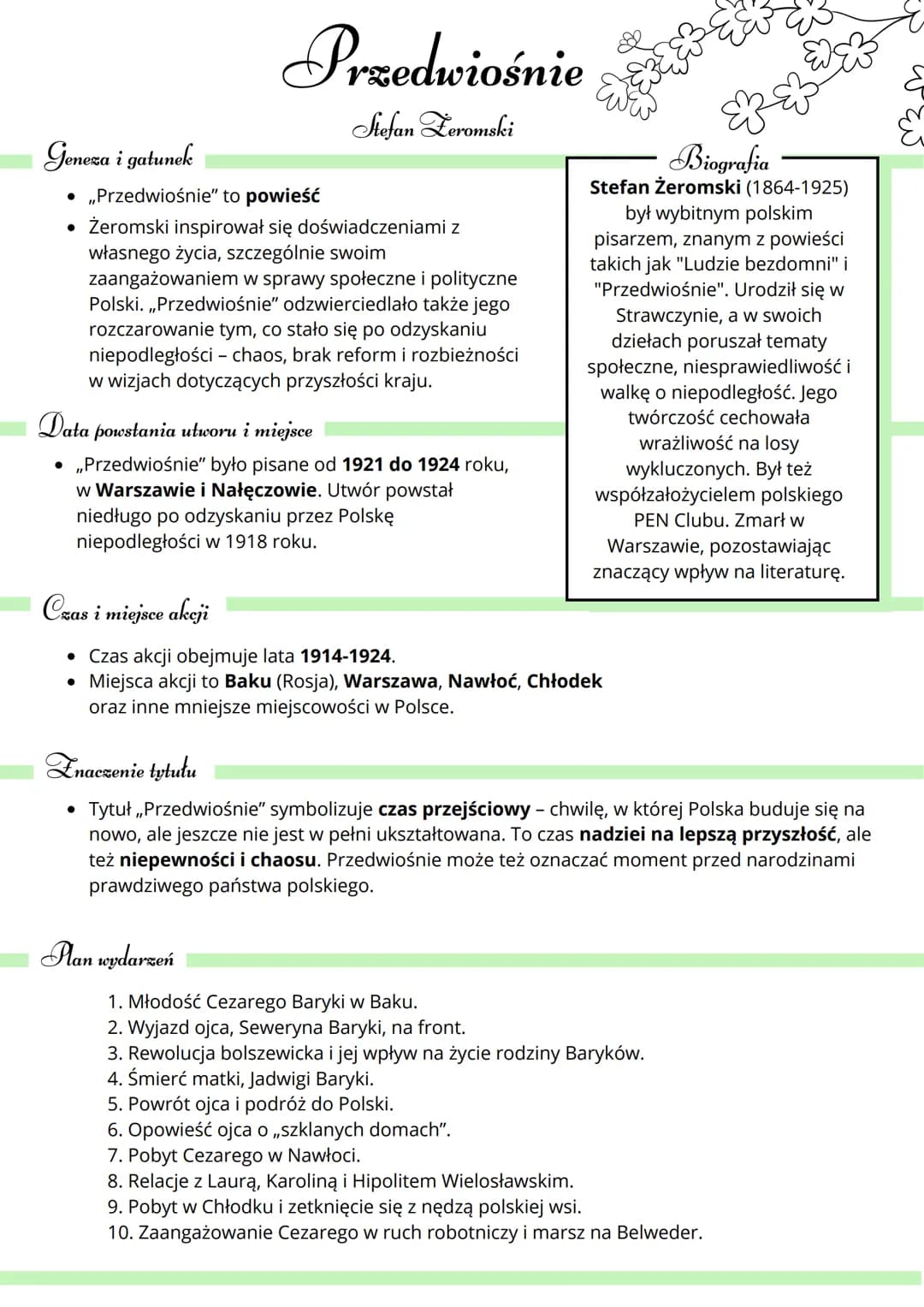 Geneza i gatunek
Przedwiośnie
• „Przedwiośnie" to powieść
Stefan Zeromski
• Żeromski inspirował się doświadczeniami z
własnego życia, szczeg