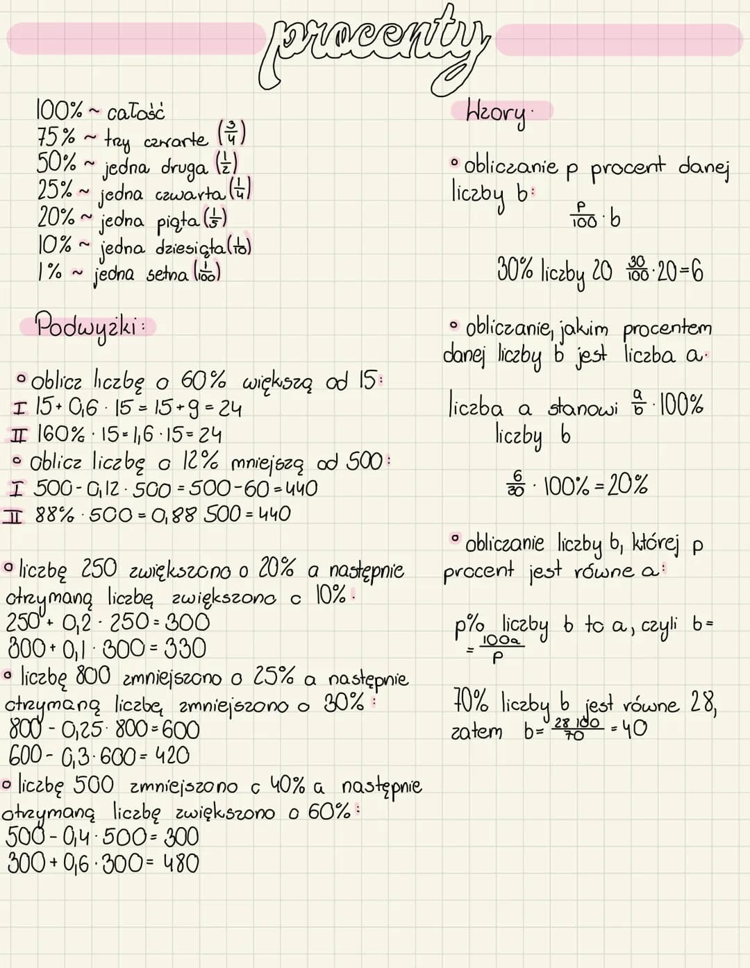 procenty
100%~ całość
75% ~ trzy czwarte (4)
50% ~ jedna druga (2)
25% ~ jedna czwarta (4)
20%~ jedna piąta ()
10%~ jedna dziesiąta (to)
1% 