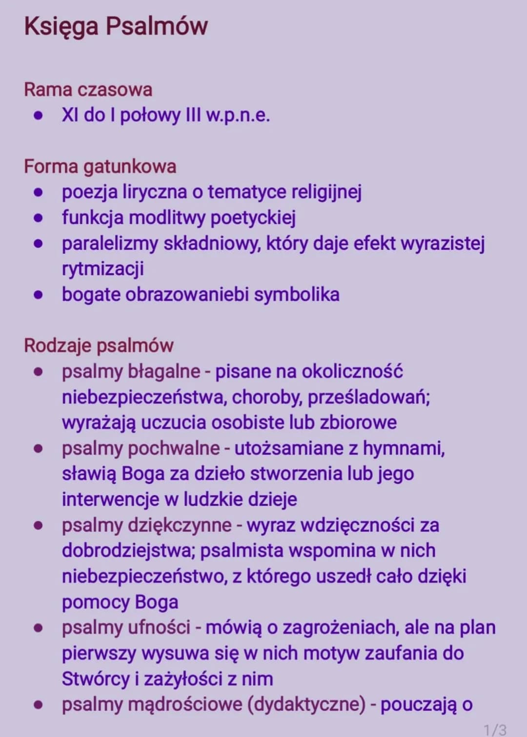 Księga Psalmów
Rama czasowa
● XI do I połowy III w.p.n.e.
Forma gatunkowa
• poezja liryczna o tematyce religijnej
• funkcja modlitwy poetyck