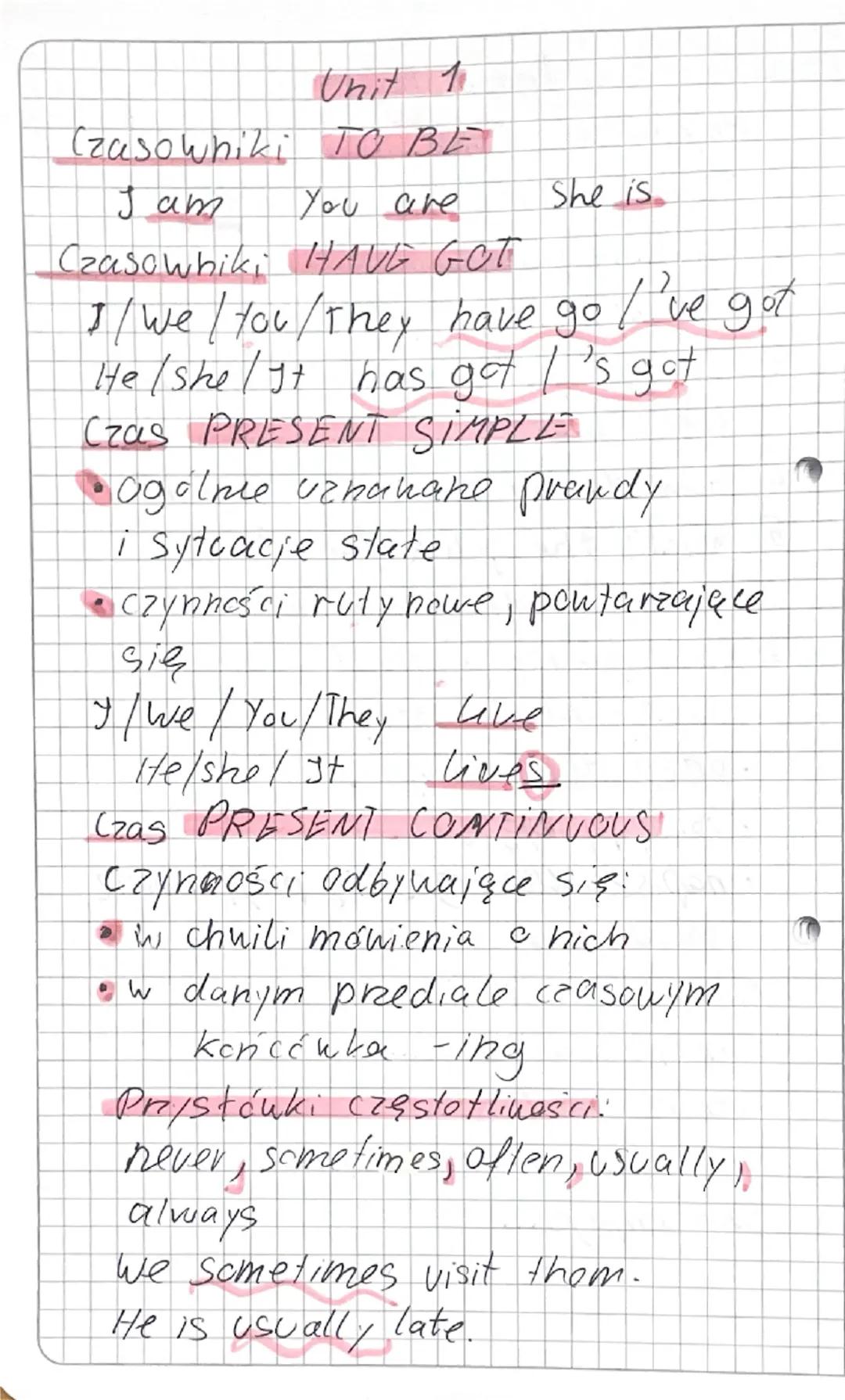 Unit 1
Czasowniki TO BE
Jam
You are
She is
Czasowbiki HAVE GOT
I / we /you/They have go I've got
He/she/It has got I's got
Czas PRESENT SIMP