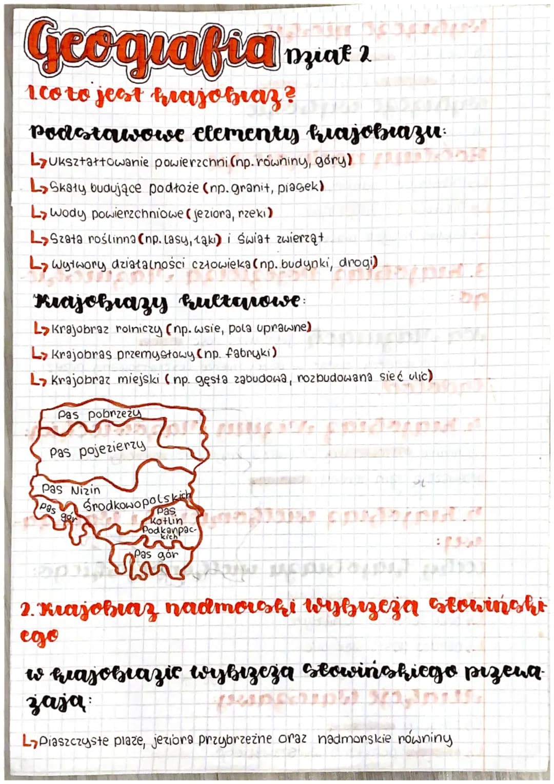 Geografia at 2
Dział
1. co to jest krajobraz?
Podstawowe elementy krajobrazu:
Lukształtowanie powierzchni (np. równiny, góry).
L> Skaty budu