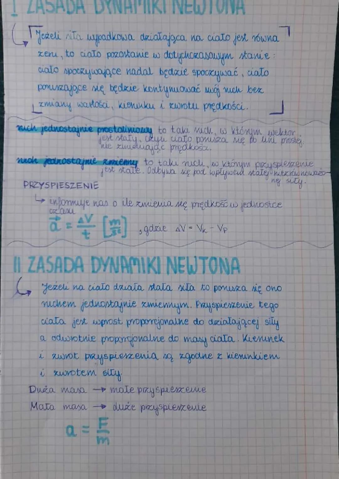 Zasady dynamiki Newtona - 1 klasa LO fizyka - Sprawdziany i definicje
