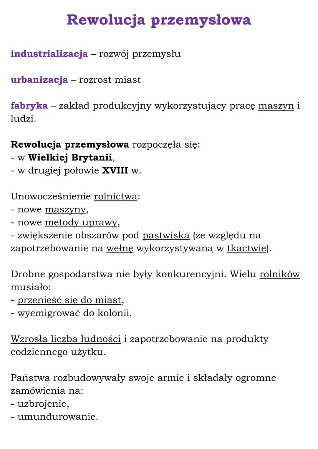 Rewolucja przemysłowa
industrializacja - rozwój przemysłu
urbanizacja - rozrost miast
fabryka - zakład produkcyjny wykorzystujący pracę masz