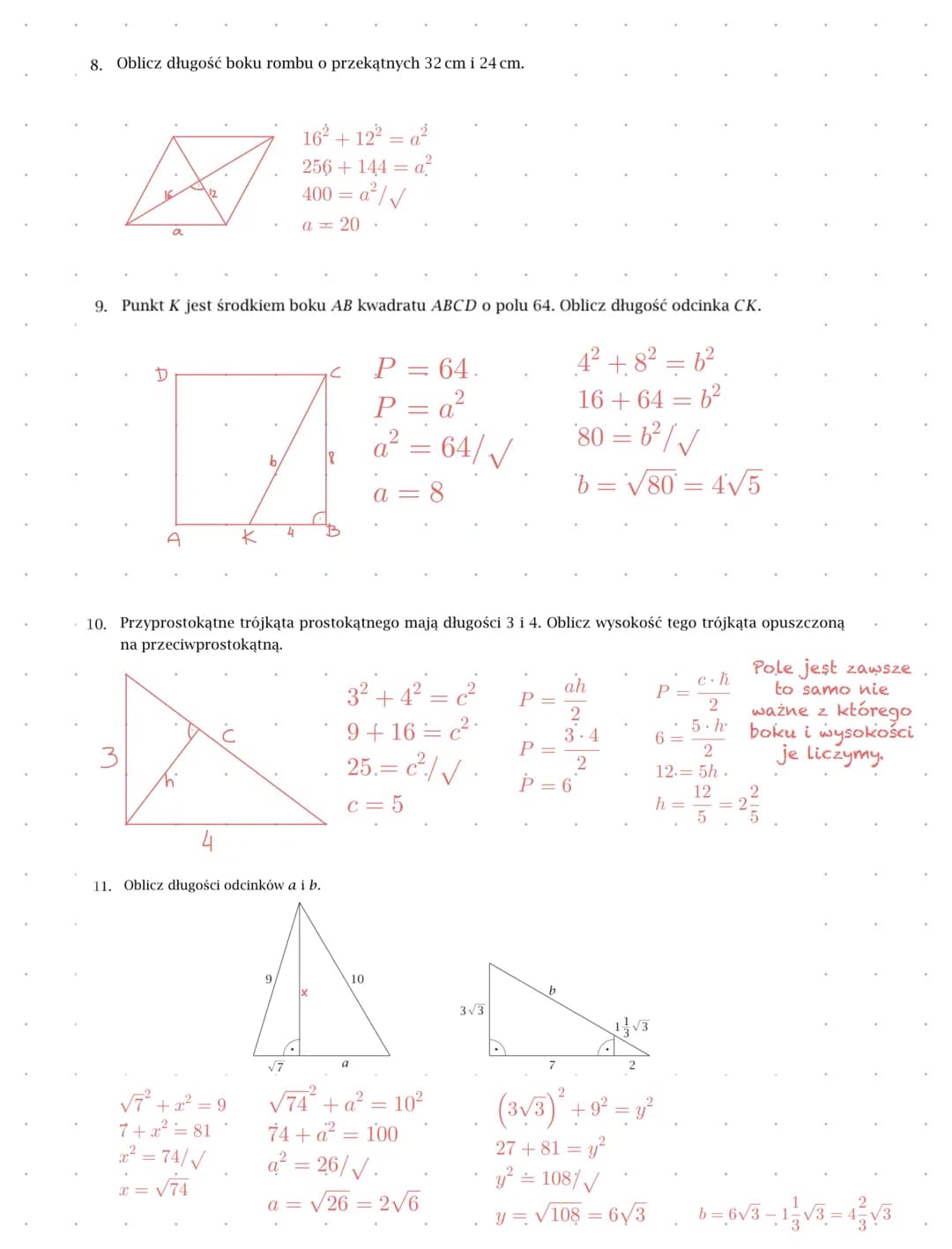 TWIERDZENIE
PITAGORASA
ZASTOSOWANIA
a² + b² = c²
.b
@arcus_cosinus 1. Oblicz pola i obwody narysowanych figur:
a) rombu
b) trapezu równorami