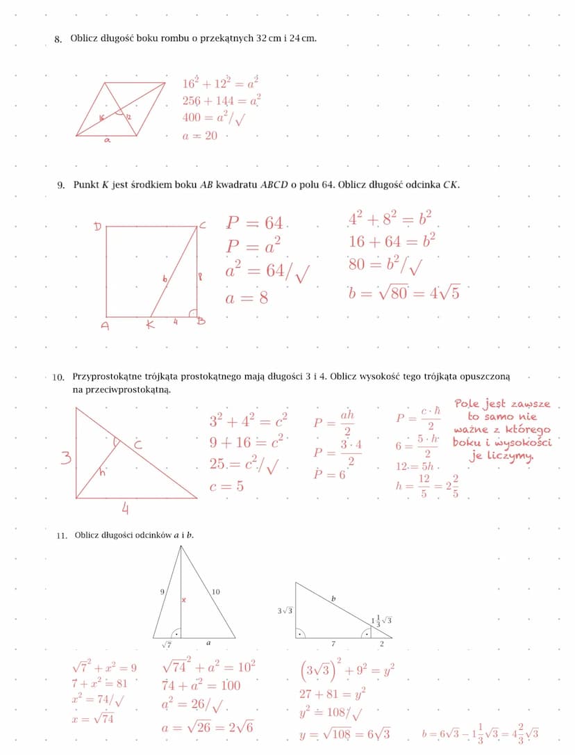 TWIERDZENIE
PITAGORASA
ZASTOSOWANIA
a² + b² = c²
.b
@arcus_cosinus 1. Oblicz pola i obwody narysowanych figur:
a) rombu
b) trapezu równorami