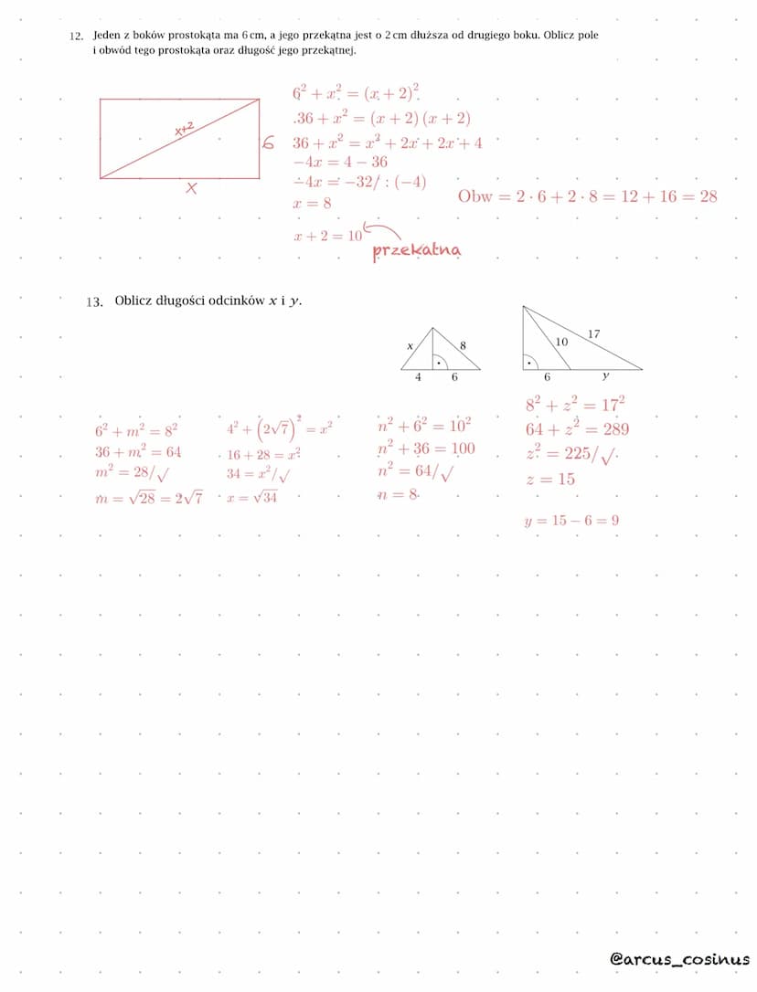 TWIERDZENIE
PITAGORASA
ZASTOSOWANIA
a² + b² = c²
.b
@arcus_cosinus 1. Oblicz pola i obwody narysowanych figur:
a) rombu
b) trapezu równorami
