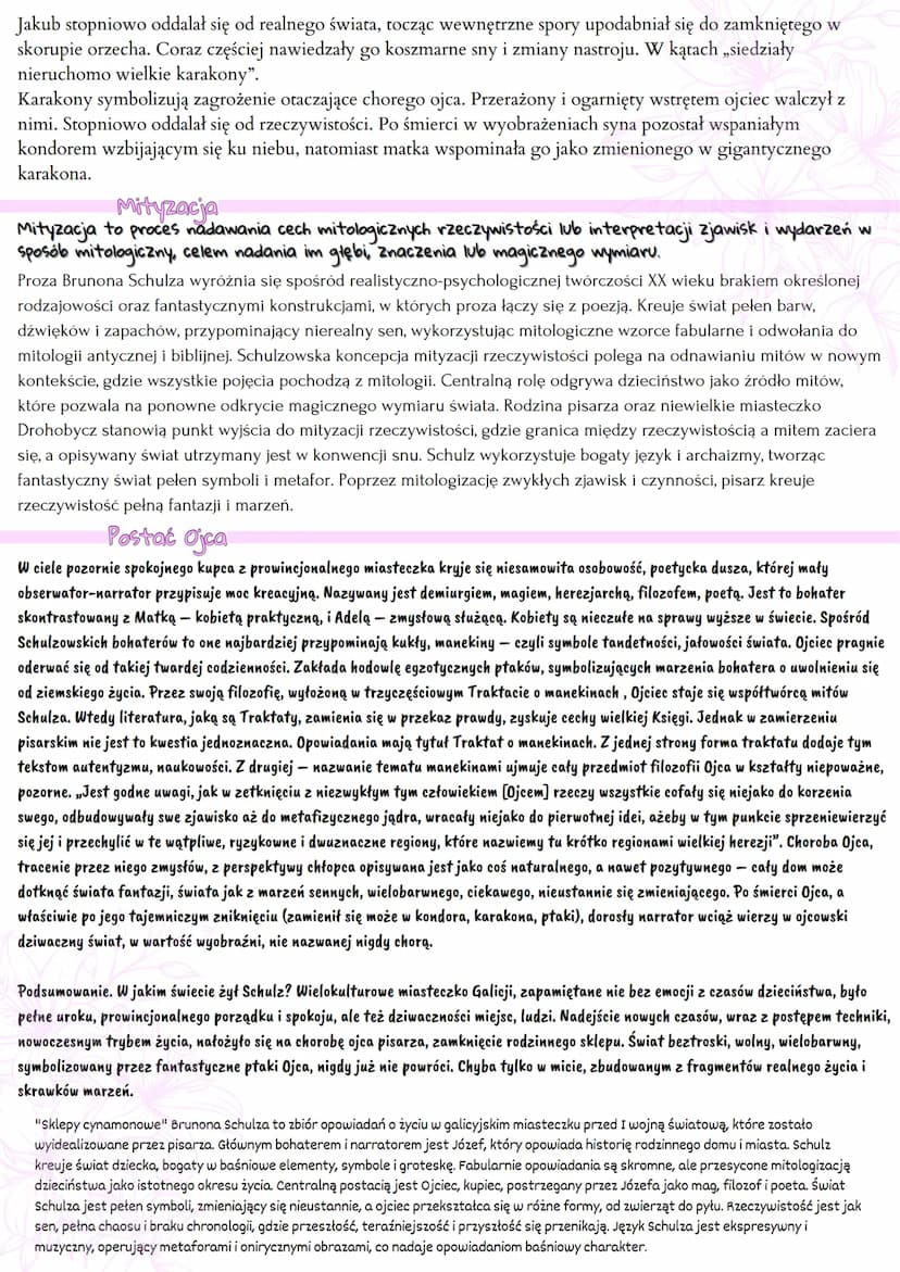 "Sklepy cynamonowe" Bruno Schulz
Sierpień
upalne lato w mieście. Po wyjeździe ojca,,do wód", bohater zostaje z matką i starszym bratem. Służ