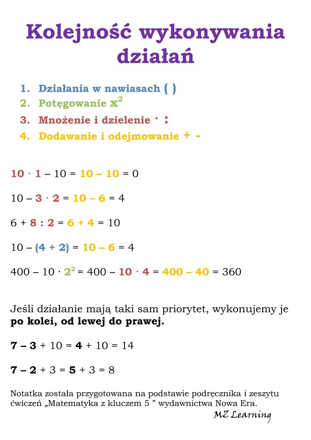 Kolejność wykonywania
1. Działania w nawiasach ( )
2. Potęgowanie x²
3. Mnożenie i dzielenie :
4.
•
Dodawanie i odejmowanie +
10 1 10 = 10 -