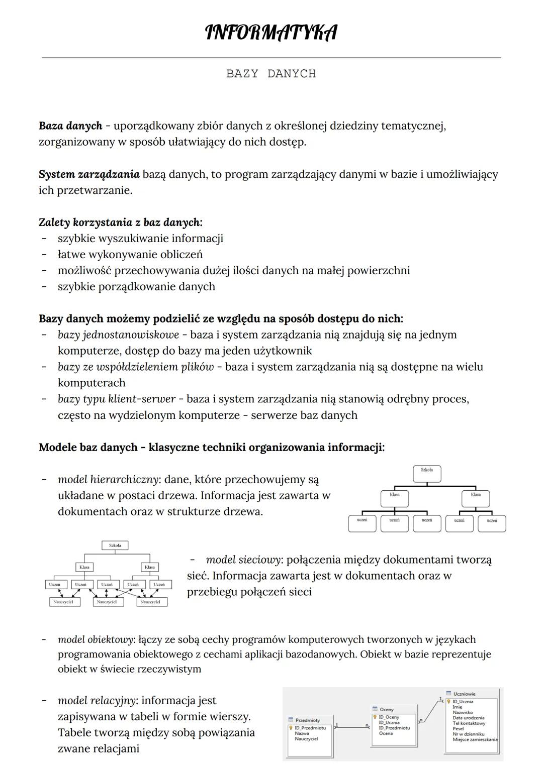 Baza danych - uporządkowany zbiór danych z określonej dziedziny tematycznej,
zorganizowany w sposób ułatwiający do nich dostęp.
Zalety korzy