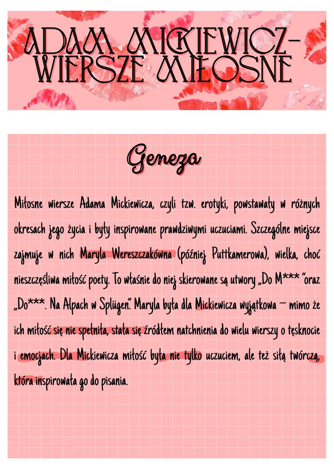 --- OCR Start ---
ADAM MIKIEWICZ-
WIERSZE MILOSNE
Geneza
Mitosne wiersze Adama Mickiewicza, czyli tzw. erotyki, powstawały w różnych
okresac