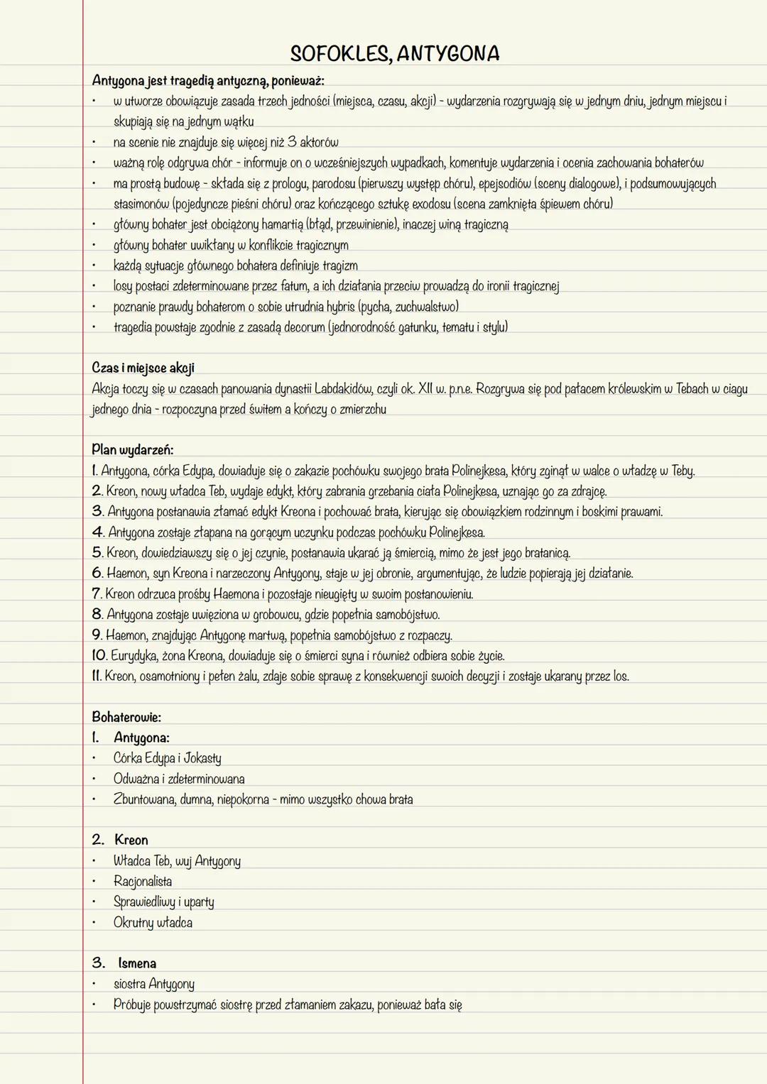 --- OCR Start ---
SOFOKLES, ANTYGONA
Antygona jest tragedią antyczną, ponieważ:
- w utworze obowiązuje zasada trzech jedności (miejsca, czas