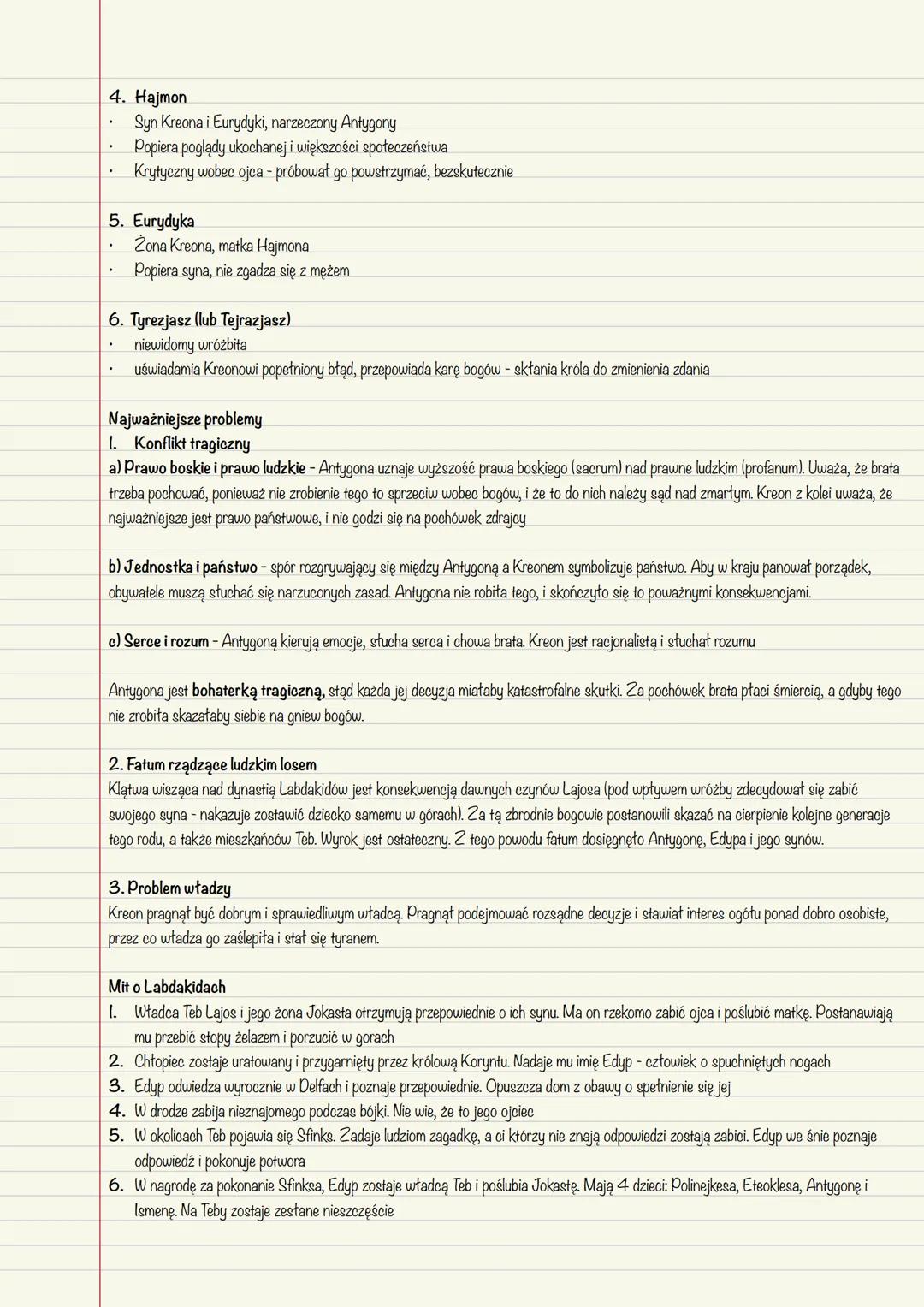 --- OCR Start ---
SOFOKLES, ANTYGONA
Antygona jest tragedią antyczną, ponieważ:
- w utworze obowiązuje zasada trzech jedności (miejsca, czas