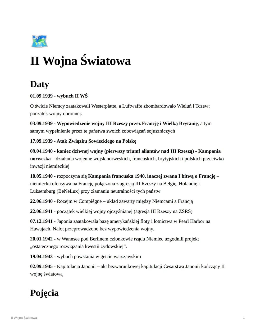 II Wojna Światowa (daty, pojęcia, osoby, problemy, nazwy geograficzne)