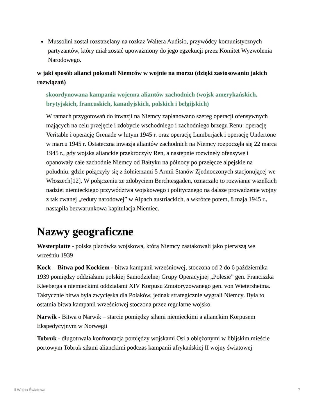 II Wojna Światowa
Daty
01.09.1939 - wybuch II WŚ
O świcie Niemcy zaatakowali Westerplatte, a Luftwaffe zbombardowało Wieluń i Tczew;
począte