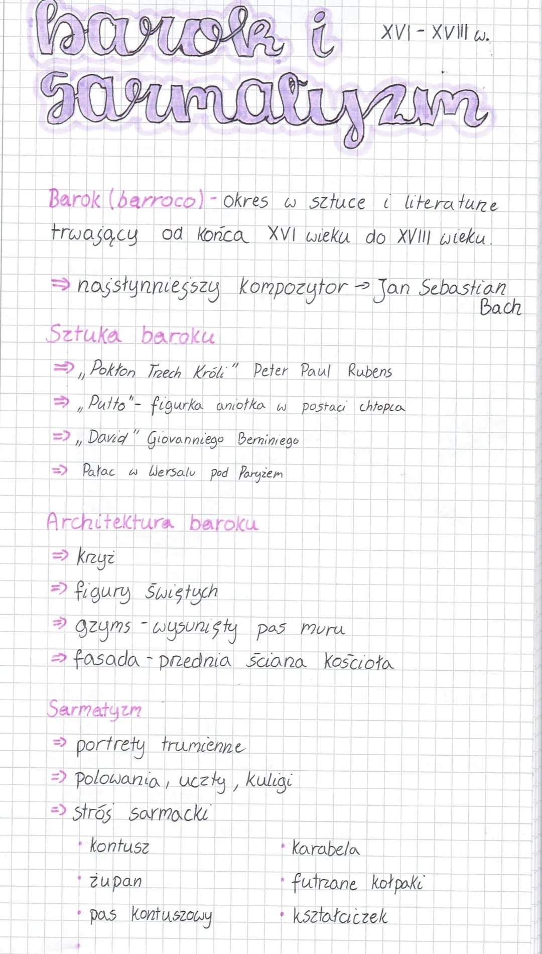 barok i
Sarmatyzur
Barok (barroco) - okres w sztuce i literature
trwający od końca XVI wieku do XVIII wieku.
⇒ najsłynniejszy kompozytor → J