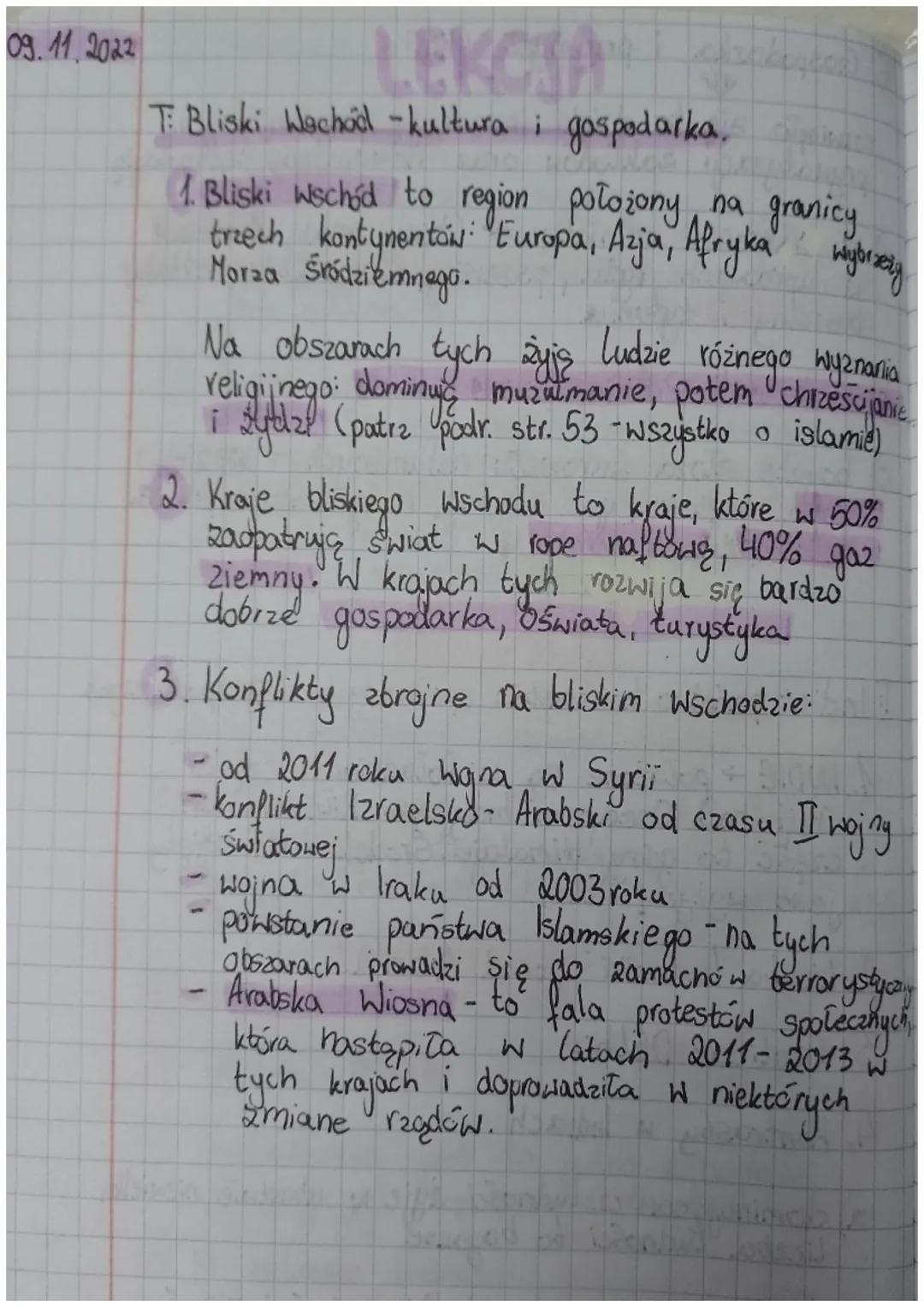 09.11.2022
T: Bliski Wachod-kultura i gospodarka.
1. Bliski wschód to region położony na granicy
trzech kontynentów Europa, Azja, Afryka Wyb