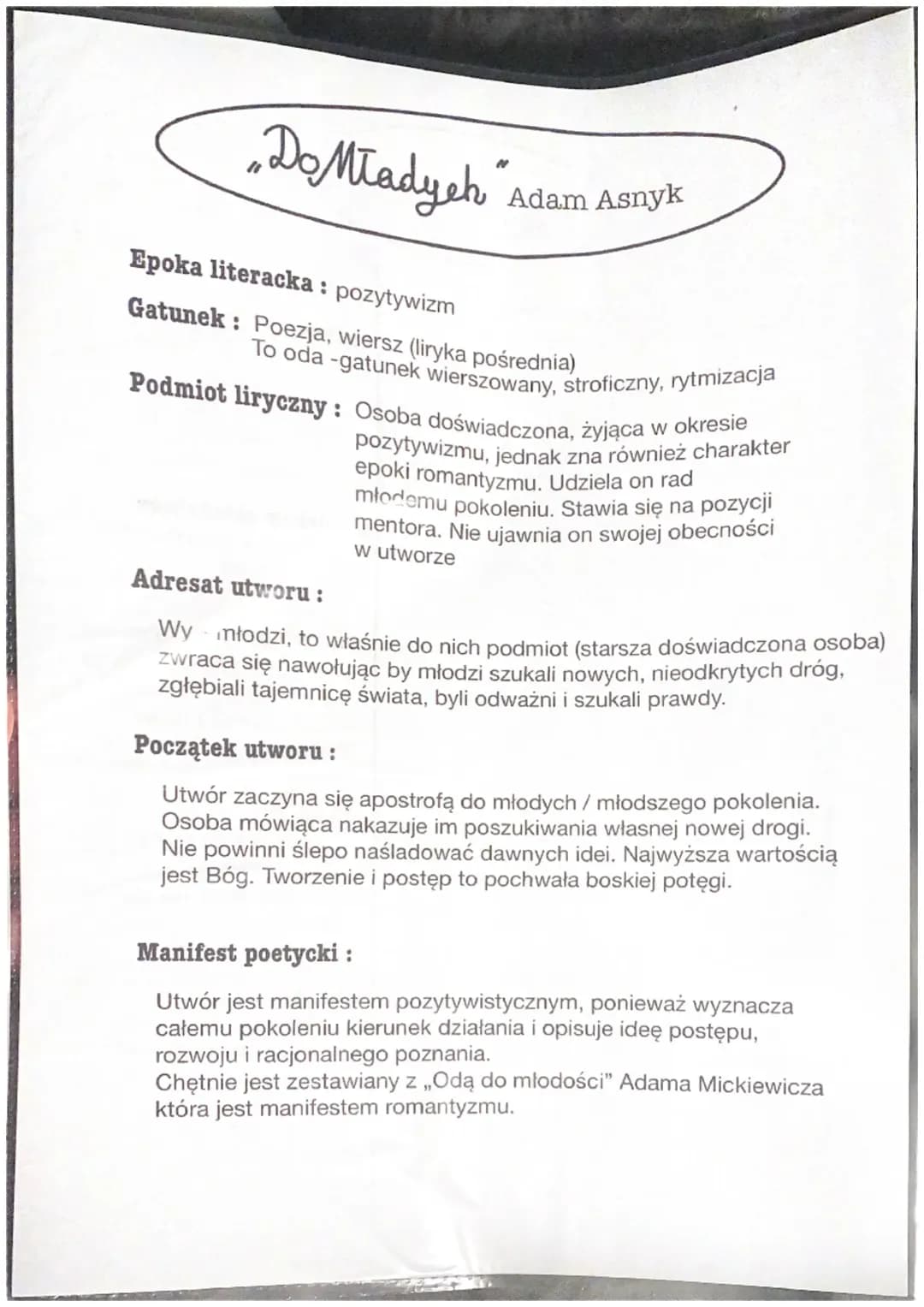 Adam Asnyk ,,Do młodych” opracowanie 