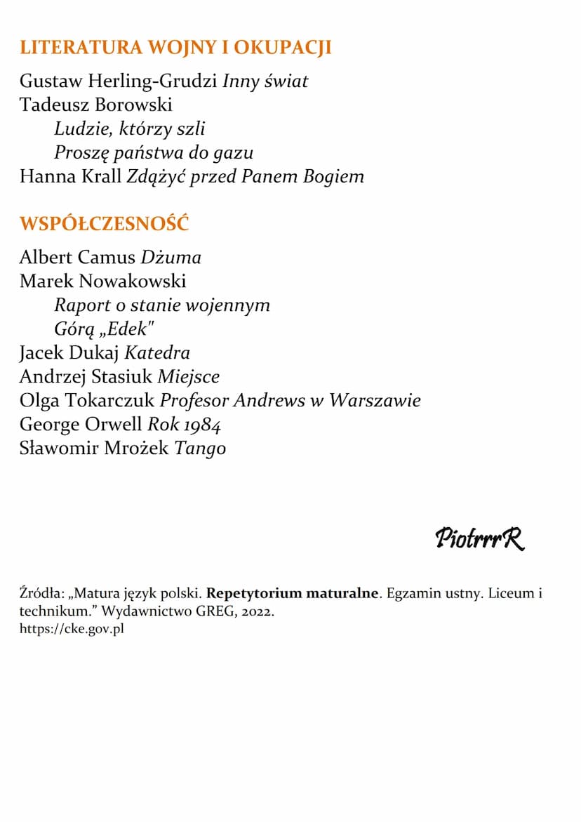 Lektury Matura ZP
Według epok
STAROŻYTNOŚĆ
Sofokles Antygona
Biblia
Homer Iliada
Jan Parandowski Mitologia
ŚREDNIOWIECZE
Dante Alighieri Bos