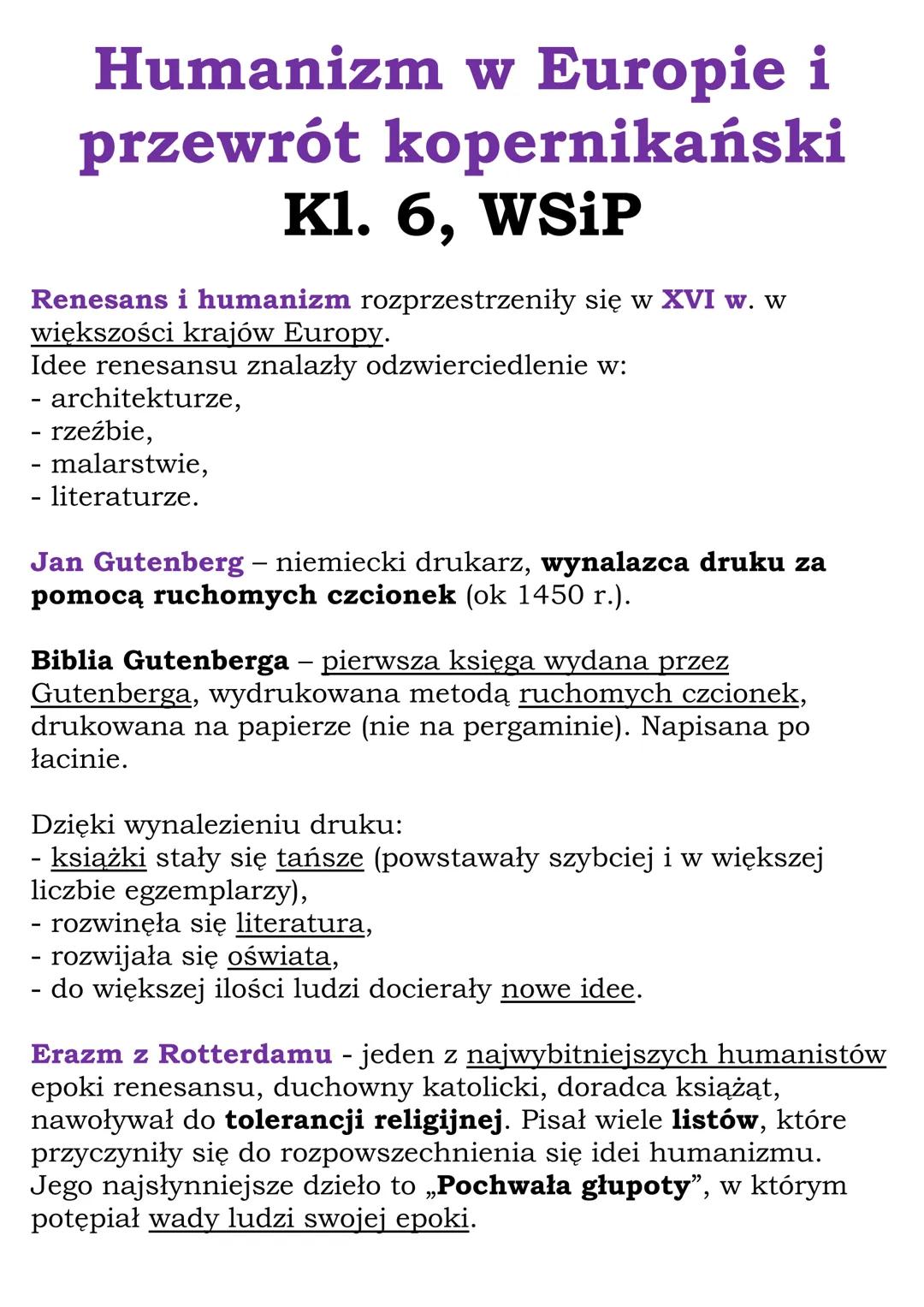 Humanizm w Europie i
przewrót kopernikański
Kl. 6, WSiP
Renesans i humanizm rozprzestrzeniły się w XVI w. w
większości krajów Europy.
Idee r