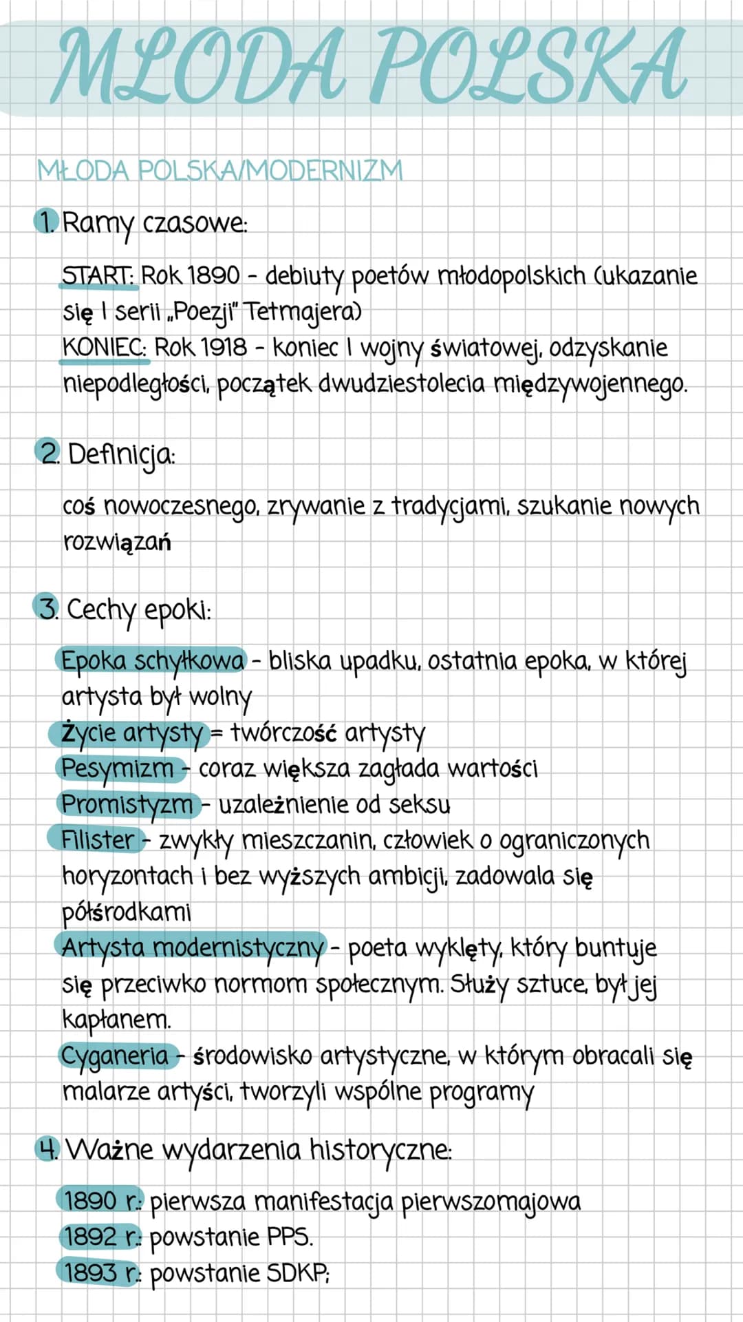 MLODA POLSKA
MŁODA POLSKA/MODERNIZM
1. Ramy czasowe:
START: Rok 1890 - debiuty poetów młodopolskich (ukazanie
się I serii Poezji" Tetmajera)
