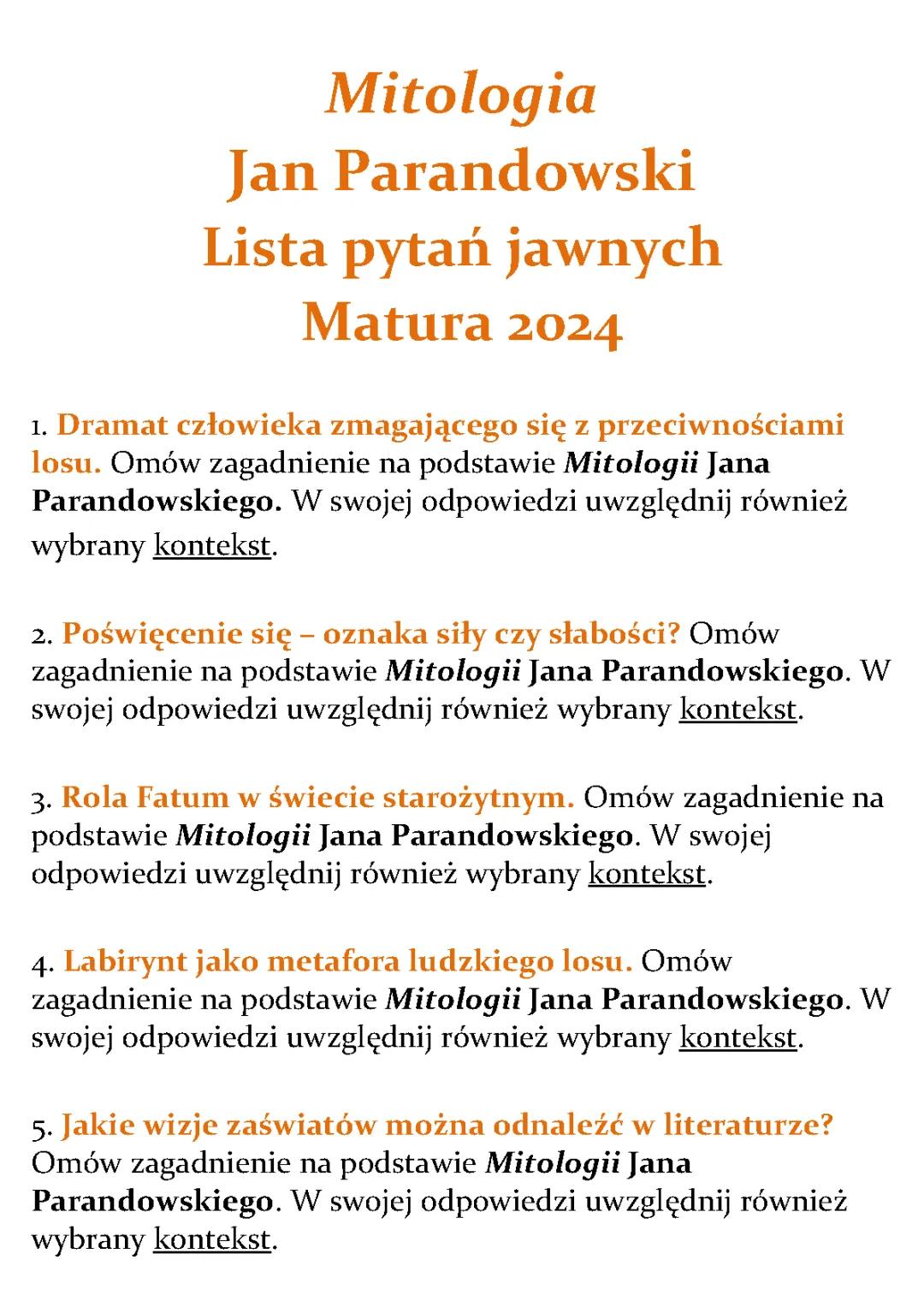 Pytania jawne Matura 2024 - Mitologia Parandowskiego, Odpowiedzi, Lektury