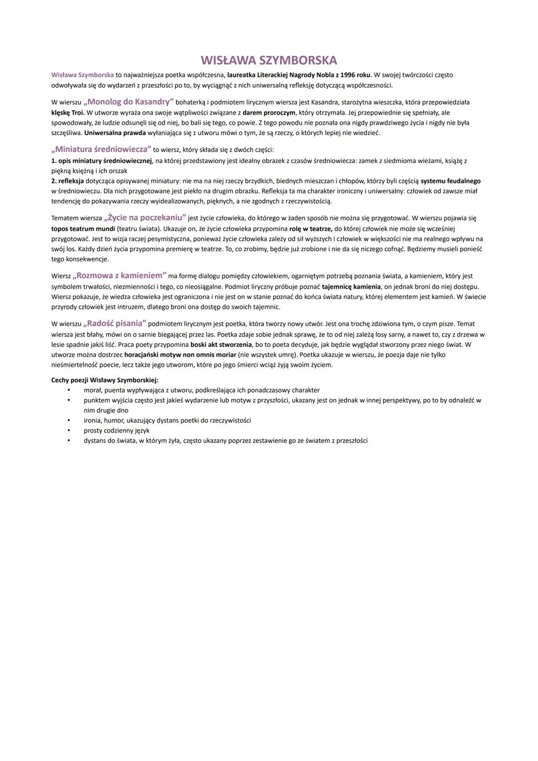 # WISŁAWA SZYMBORSKA

Wisława Szymborska to najważniejsza poetka współczesna, laureatka Literackiej Nagrody Nobla z 1996 roku. W swojej twór