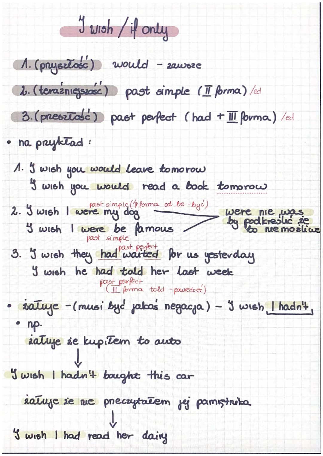 I wish / if only
wish/if
1. (przyszłość) would
zawsze
2. (teraźniejszość) past simple (II forma) /ed
3. (przeszłość) past perfect (had + III