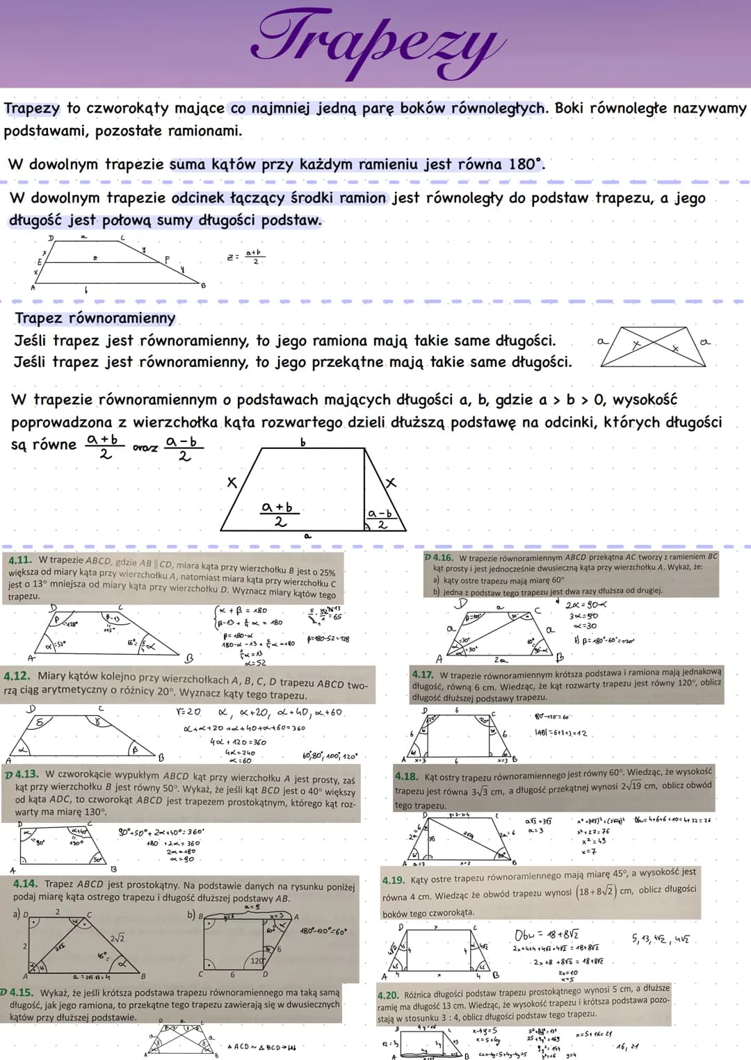 Podział czworokątów. Trapezoidy
Ze względu na liczbę par boków równoległych czworokąty wypukłe dzielimy na:
●
• trapezoidy, czyli czworokąty
