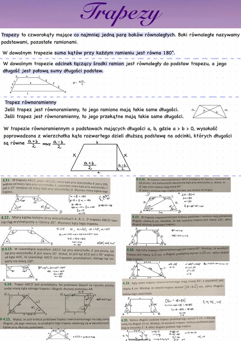 Podział czworokątów. Trapezoidy
Ze względu na liczbę par boków równoległych czworokąty wypukłe dzielimy na:
●
• trapezoidy, czyli czworokąty