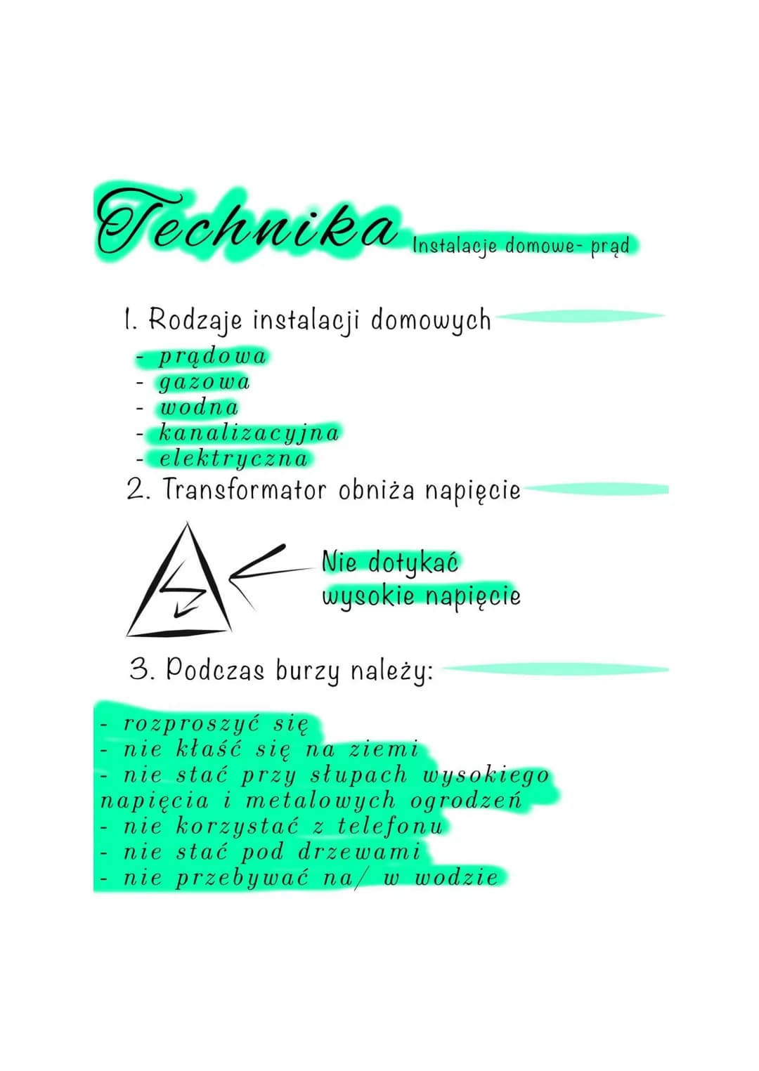 Technika
Instalacje domowe- prąd
1. Rodzaje instalacji domowych
- prądowa
gazowa
wodna
- kanalizacyjna
- elektryczna
2. Transformator obniża