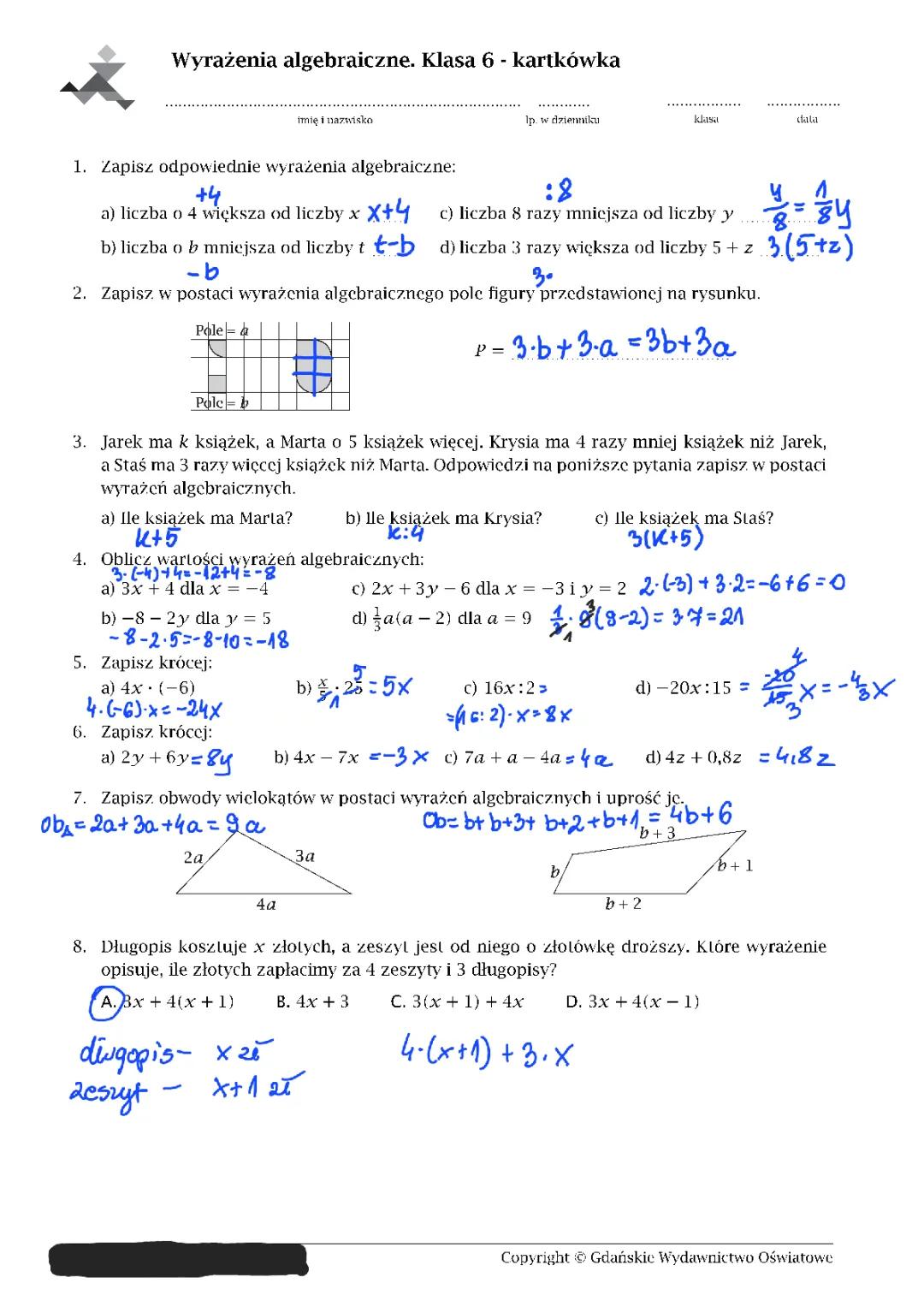 Tworzenie i przekształcanie wyrażeń algebraicznych klasa 6 - zadania i ćwiczenia