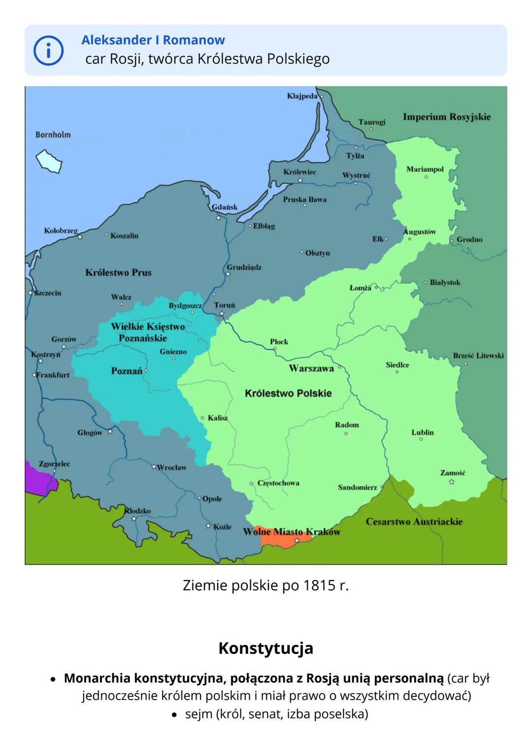 # Ziemie polskie w latach 1815 -
# 1848

W 1815 r., po klęsce Napoleona, na kongresie wiedeńskim postanowiono
zlikwidować założone przez nie